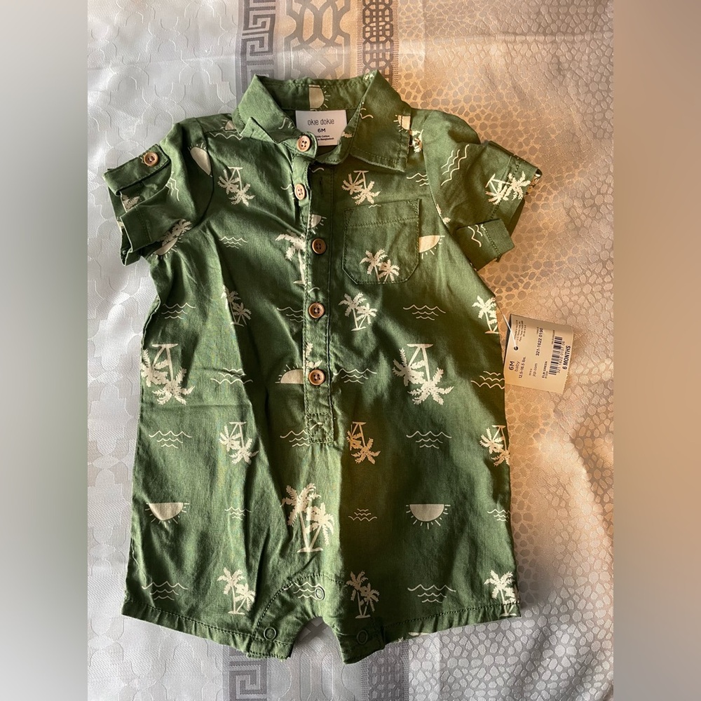 Okie Dokie Green Palm Tree Print Kids Romper